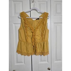 Anne French large women's mustard yellow blouse with crochet lace detail